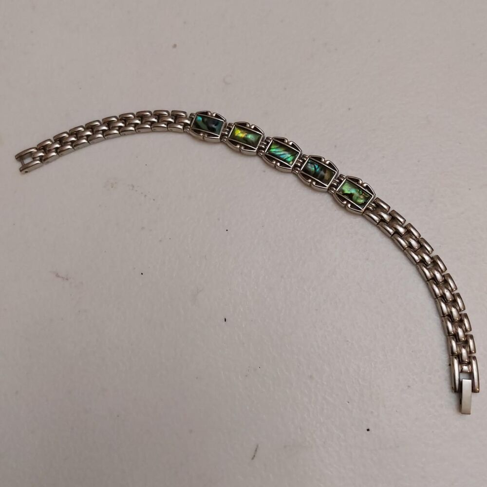 Triple Row Link Silver bracelet with 5 panels of abalone shell inlays as focal